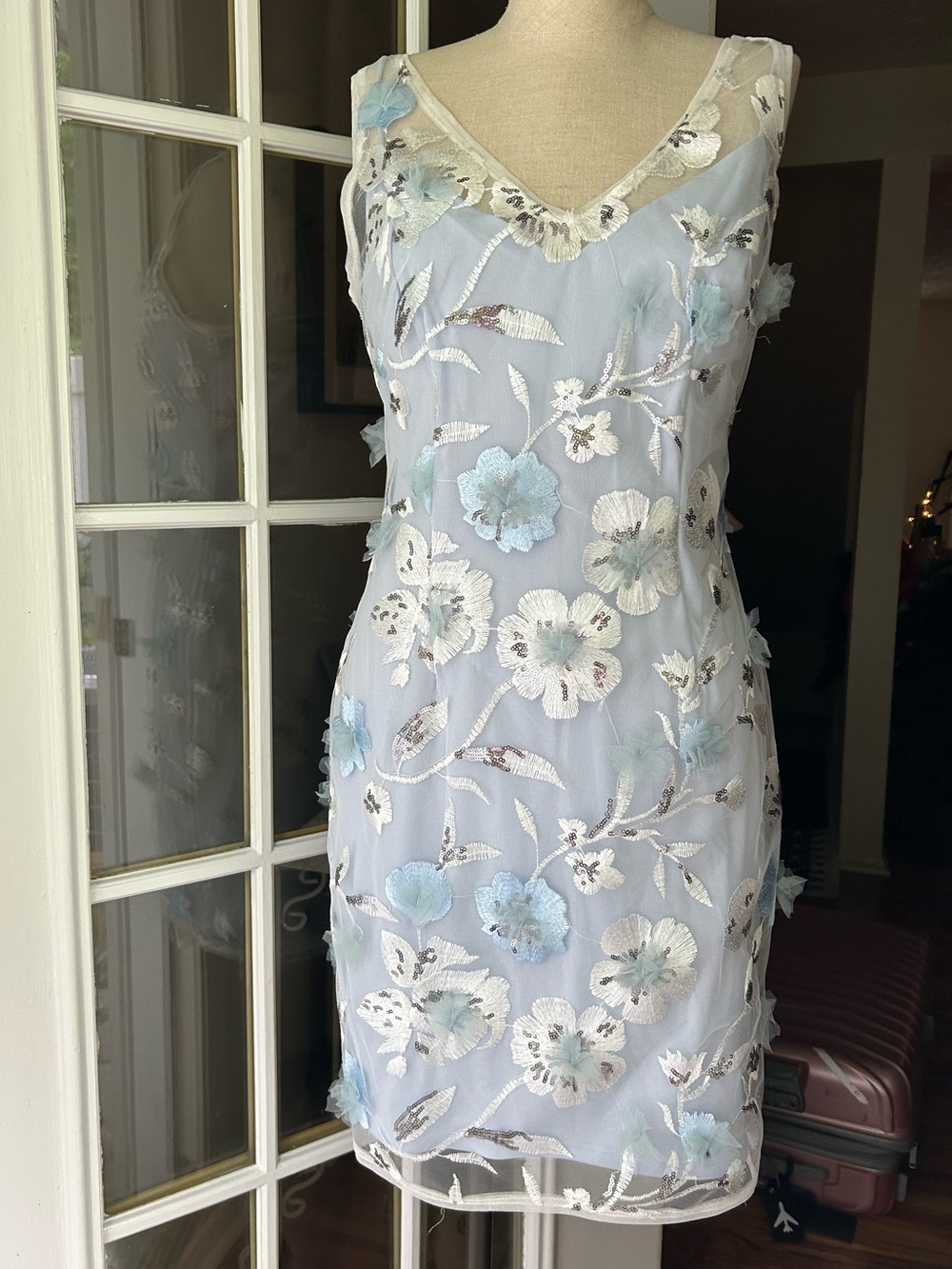 Adrianna Papell pale Blue 3D Floral embroidered Sheath Dress